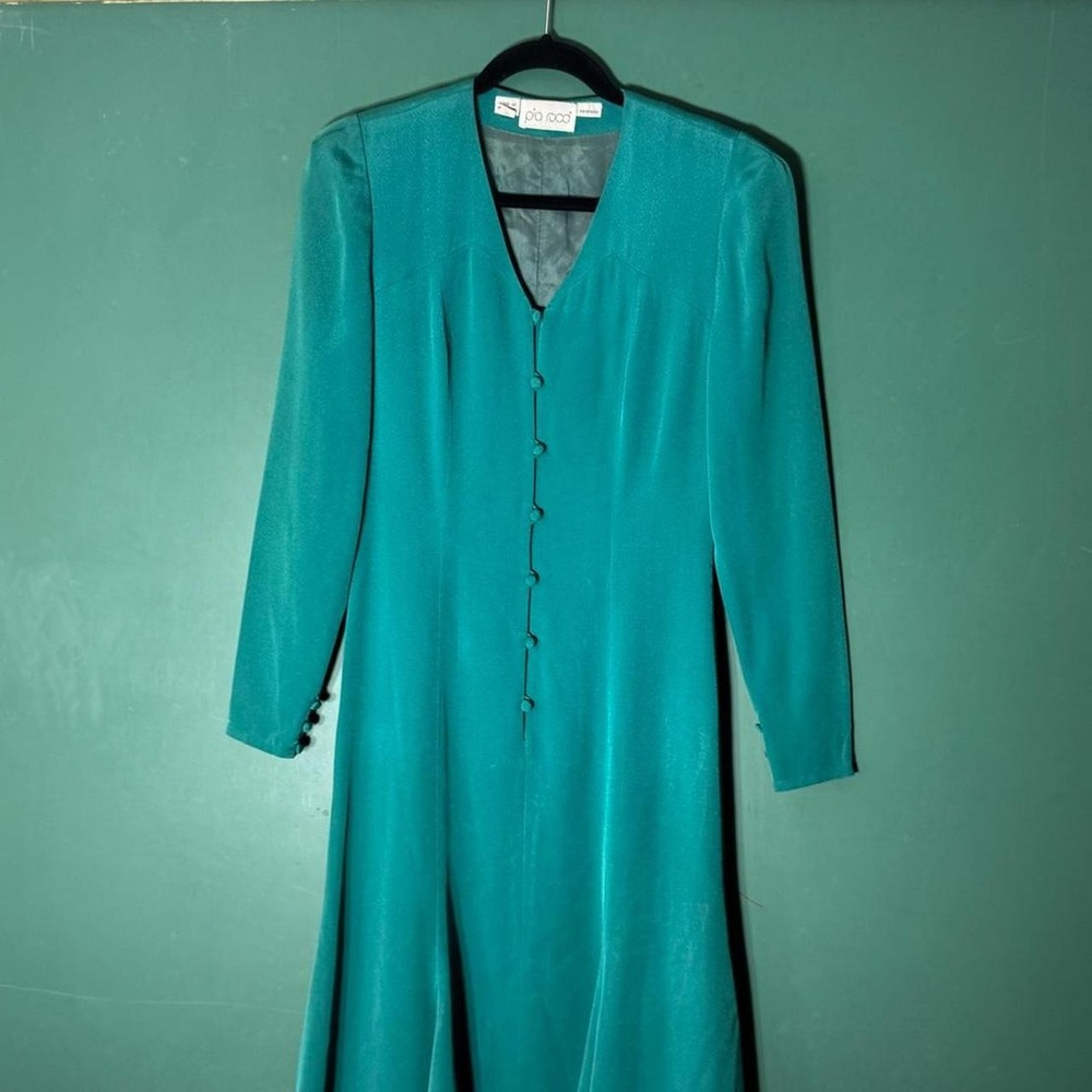 Pia Rucci Vintage 80s Aqua Silk Button Down Dress Long Sleeve Green Blue Size 6